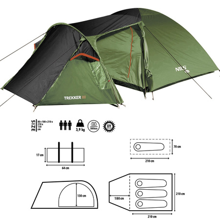NAMIOT KEMPINGOWY TREKKER III ZIELONY NILS CAMP 3os