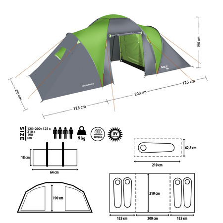 NAMIOT KEMPINGOWY HIGHLAND IV ZIELONO-SZARY NILS CAMP 2x2os